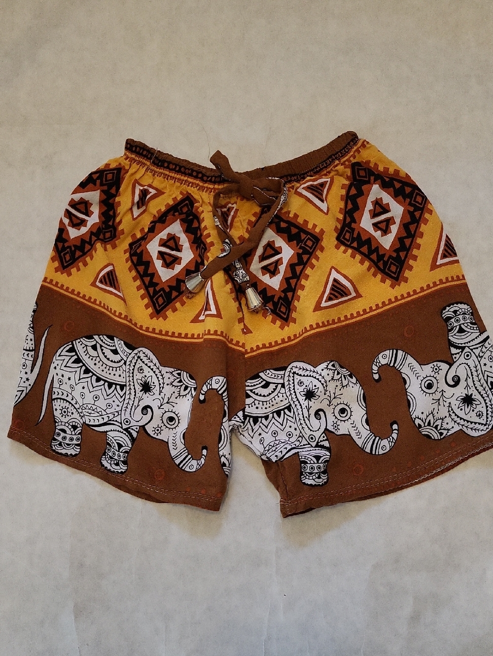 Boho elephant print drawstring shorts - mustard & brown